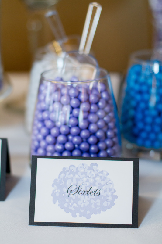 Candy bar - blue and purple candy with hydrangea tent signs