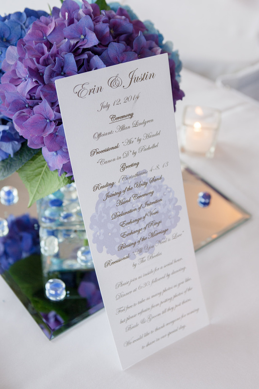 Wedding program - shimmer paper, periwinkle, blue, purple hydrangea
