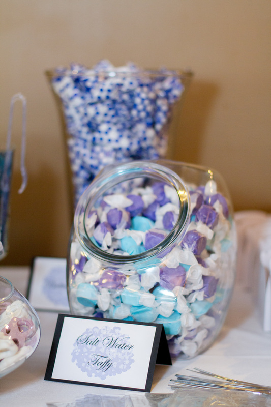Candy bar - blue and purple candy with hydrangea tent signs